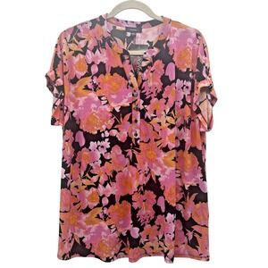 Cocomo NWT Short Sleeve Blouse Black Orange Pink Henley Soft‎ Stretch Comfort L